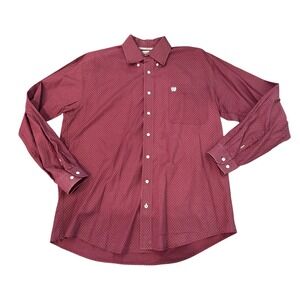 CINCH Mens Medium Burgundy Dot Print Long Sleeve Western‎ Button Down Shirt